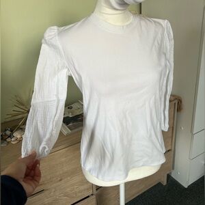 White 95% Cotton Gauzy 3/4 Puff Sleeve Modest Crewneck Stretch T-Shirt Top Sz S